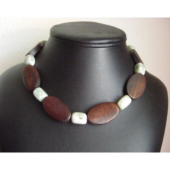 Unbranded Jewelry - Jasper Stone Green Wood Beaded Necklace Artisan Earthy Boho Handmade Peace Stone